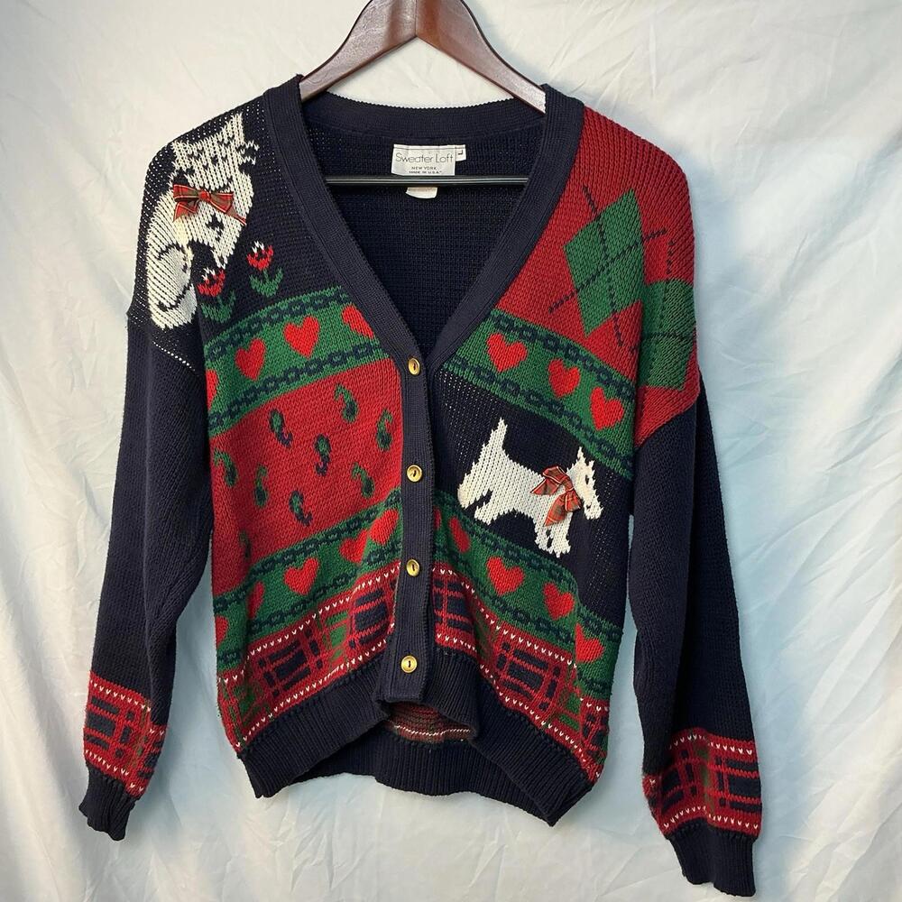 VTG Sweater Loft Cotton Knit Cardigan Women’s L USA Colorblock Cat Dog New York